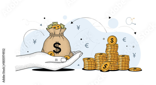 International finance and wealth concept with a stippled hand holding a money bag and coins with international currency symbols.