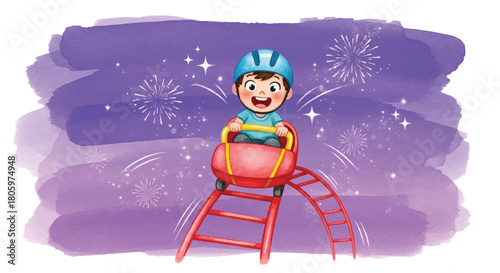 Happy boy riding a mini roller coaster with a watercolor background.