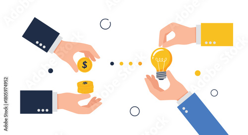 Business concept of investing in innovation showing hands exchanging dollar coins for a bright lightbulb idea on a white background.