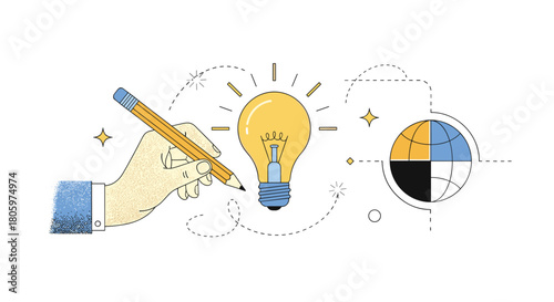 Creative process concept illustrated with a hand drawing around a bright lightbulb idea next to a globe and decorative elements.
