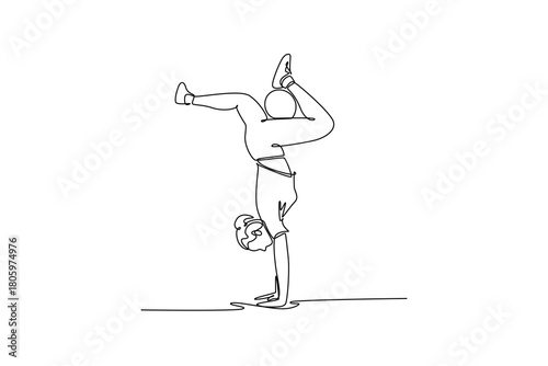 Single continuous line drawing young woman soccer freestyle athlete performing inverted handstand with controlled split of the legs. Dynamic acrobatic. One line draw graphic design vector illustration