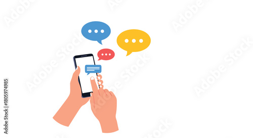 Person's hands holding a smartphone and sending messages with colorful chat bubbles appearing on a clean white background with copy space.