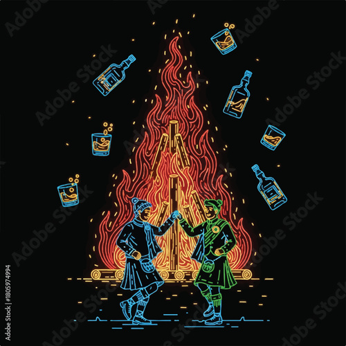 Scottish dance celebration with bonfire and whisky neon sign.