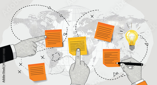 Collaborative global strategy planning session depicted with hands organizing sticky notes on a world map for brainstorming ideas.