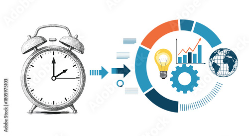 Time management and business productivity infographic with a sketch-style alarm clock pointing to a process circle with various icons.