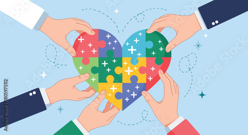Concept of unity and collaboration with diverse hands working together to assemble a colorful heart-shaped jigsaw puzzle.