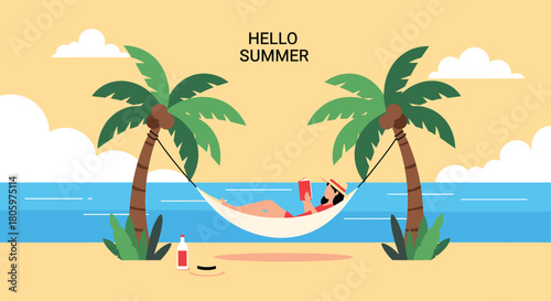 Hello Summer banner with a woman reading a book in a hammock between two palm trees on a tropical beach relaxing by the ocean.