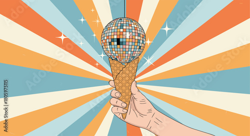 Retro 70s party concept with a hand holding an ice cream cone with a sparkling disco ball scoop against a colorful sunburst background.