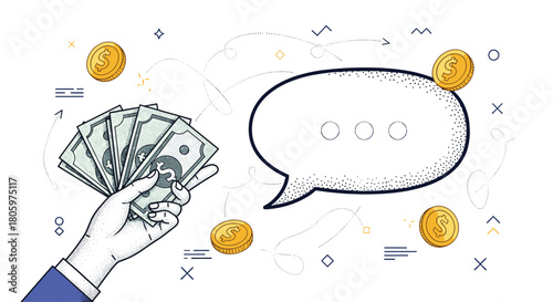 Financial advice and communication concept with a stippled hand holding money next to a large blank speech bubble for your text.