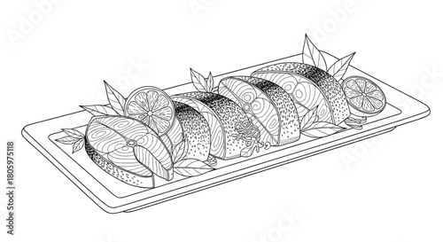 Black and white line art illustration of sliced salmon steaks garnished with lemon and herbs on a platter for a coloring page.