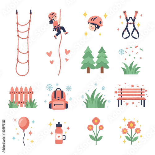 Adventure and park outdoor activities flat vector icon set.
