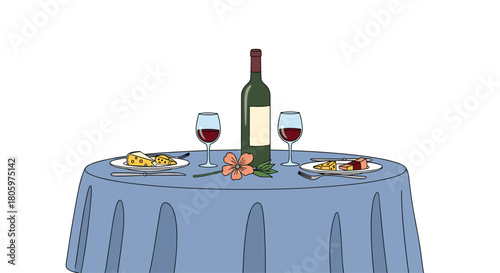 Simple line art illustration of a romantic dinner for two with a bottle of red wine cheese and a flower on a round table.