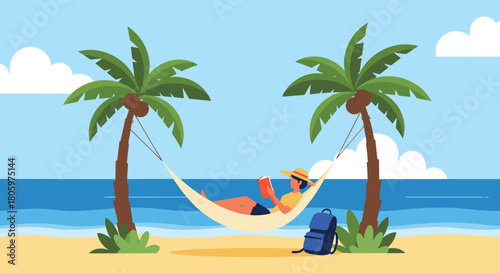 Serene beach vacation scene with a person relaxing and reading a book in a hammock strung between two palm trees by the ocean.