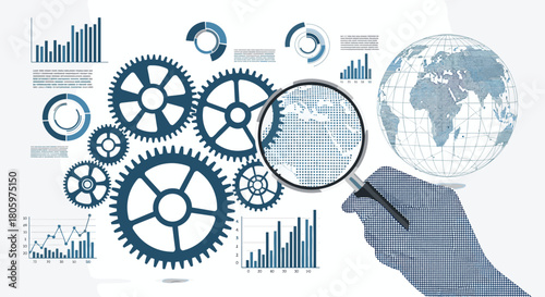 Global business analysis and research concept with a hand holding a magnifying glass over the world with gears and data charts.
