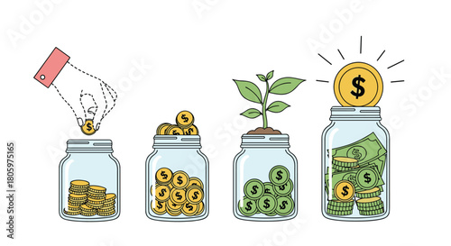Money saving and investment growth concept shown in four stages with coins in glass jars from initial deposit to a full return.