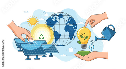 Concept of renewable green energy and environmental protection with solar panels a plant-filled lightbulb and the planet Earth.