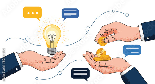 Business investment and startup funding concept with hands exchanging a lightbulb idea for money with chat bubbles for communication.