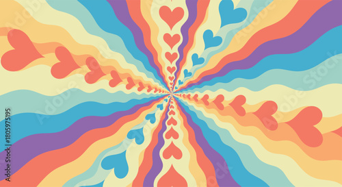 Psychedelic groovy background from the 70s with radiating wavy stripes and heart shapes in a retro color palette for a love theme.