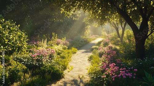picturesque garden path winding through a sunlit landscape filled with colorful flowers and green foliage, creating a peaceful and inviting scene