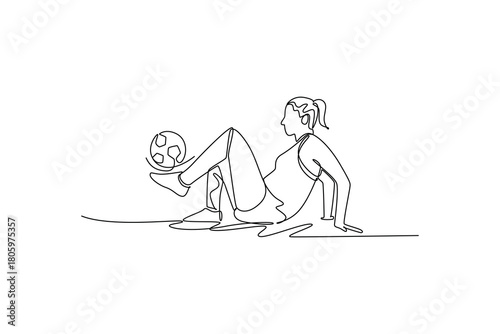 Single continuous line drawing woman soccer freestyle athlete seated on ground, expertly juggling ball between her feet and knees. Fluid skill control. One line draw graphic design vector illustration