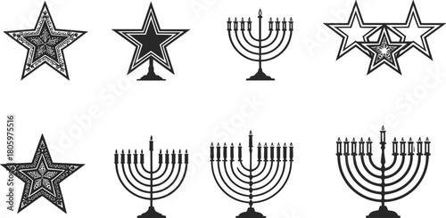 Collection of black and white star and menorah silhouettes on white background hanukkah