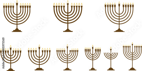 Collection of brown menorahs with lit yellow flames on a white background hanukkah