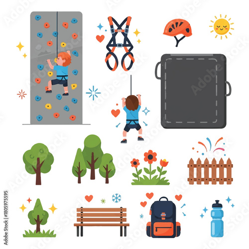 Flat icon set for outdoor recreation, rock climbing, and nature.