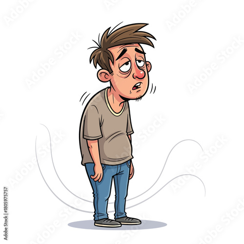Exhausted cartoon man feeling fatigued after long work day for health concepts