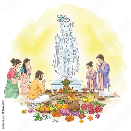 Hindu family performing puja ceremony before a deity statue.