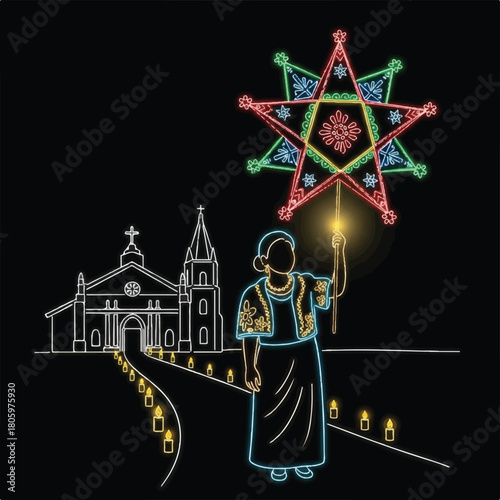 Woman holding a neon parol lantern near a church at christmas.