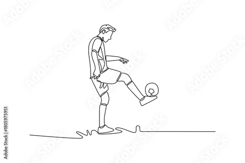 Single one line drawing young man soccer freestyle athlete is expertly juggling ball off his foot, illustrating fluid skill and dynamic control. Continuous line draw design graphic vector illustration