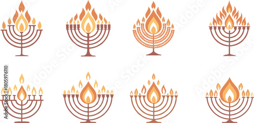 Collection of stylized menorah icons with glowing orange and yellow flames hanukkah