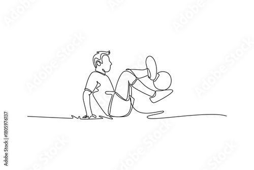Single one line drawing young man soccer freestyle athlete seated on the ground, expertly juggling ball between his feet and knees. Fluid skill. Continuous line draw design graphic vector illustration