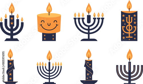 Collection of stylized menorahs and candles with star decorations and a smiling candle