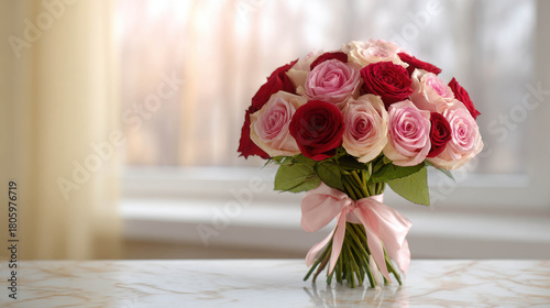 Elegant bouquet of pink and red roses beautifully tied with a silk ribbon on a marble table beside a softly lit window, perfect for decoration and gifts.
