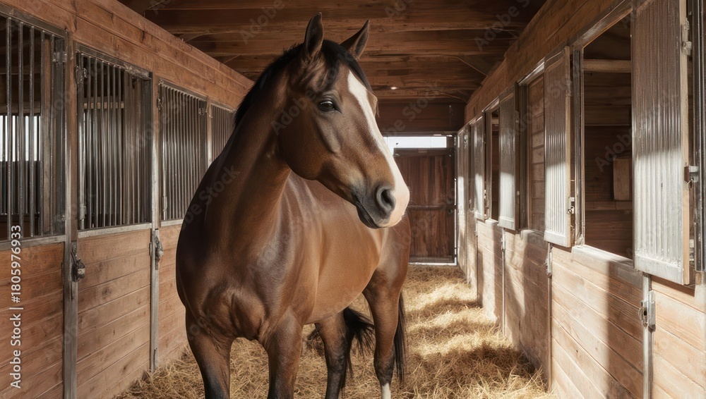 Fototapeta premium Majestic Horse Standing Comfortably Inside a Cozy Wooden Stable.
