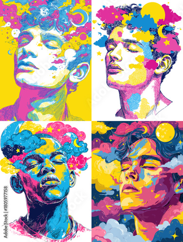 Vibrant pop art portraits of young men with dreamy expressions, surrounded by abstract colorful shapes, blending imagination, emotion, and bold expressive artistic style.