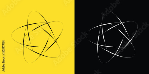 Star orbits around star in abstract style. Illustration graphic element in black and white.