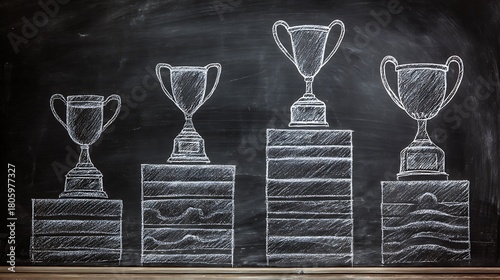 Chalkboard Drawing of Trophies on Podium Depicting Success and Achievement