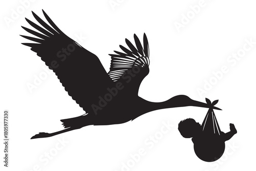 Stork flying with baby silhouette vector flat illustration design