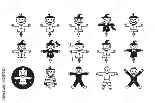 Spooky scarecrow vector set featuring pumpkin heads, witches, zombies, and mummies