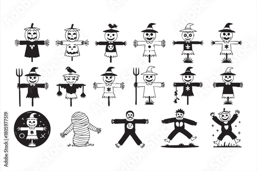 Scarecrow and monster icon collection for Halloween branding and decorations