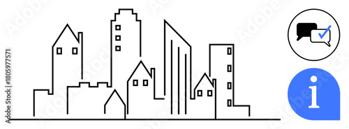 Black-and-white urban skyline illustration with diverse buildings, speech bubble carrying a checkmark, and blue info icon. Ideal for urban planning, communication, real estate, technology, progress