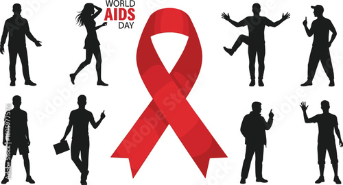 Red ribbon and diverse people silhouettes for World A I D S Day awareness AIDS awareness