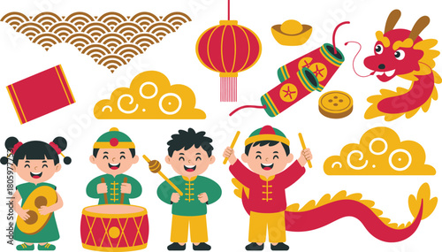 Cartoon Chinese New Year Celebration with Kids, Dragon, Lantern, Gold Ingots and Decorations