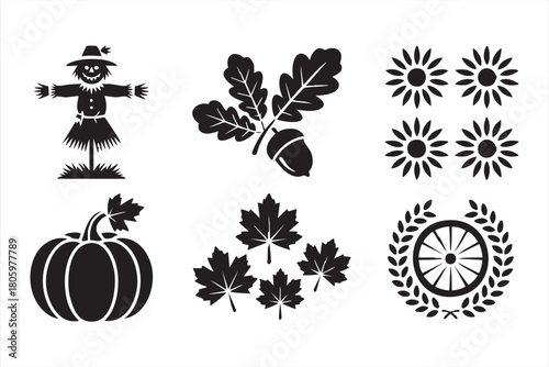 Autumn harvest vector icon collection with pumpkins, leaves, scarecrow, and rustic elements