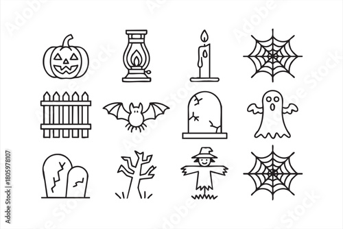 Halloween line art icon bundle with pumpkin, spiderweb, ghost, and bat symbols