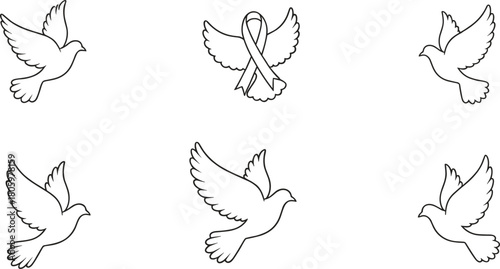 Six black line art doves and one ribbon with wings on white background bird flying