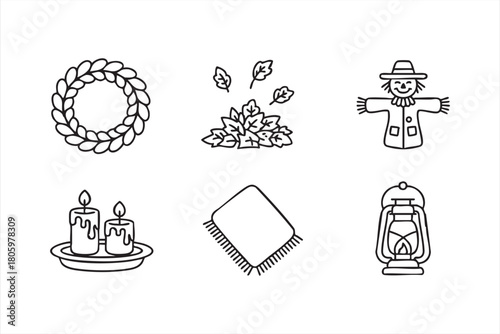 Autumn hygge icon collection with candles, blankets, and natural foliage