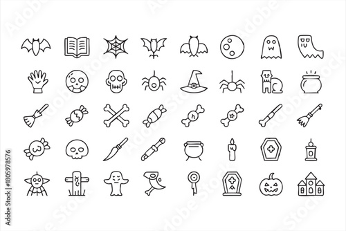 Halloween outline vector pack featuring skulls, potions, webs, and creepy symbols